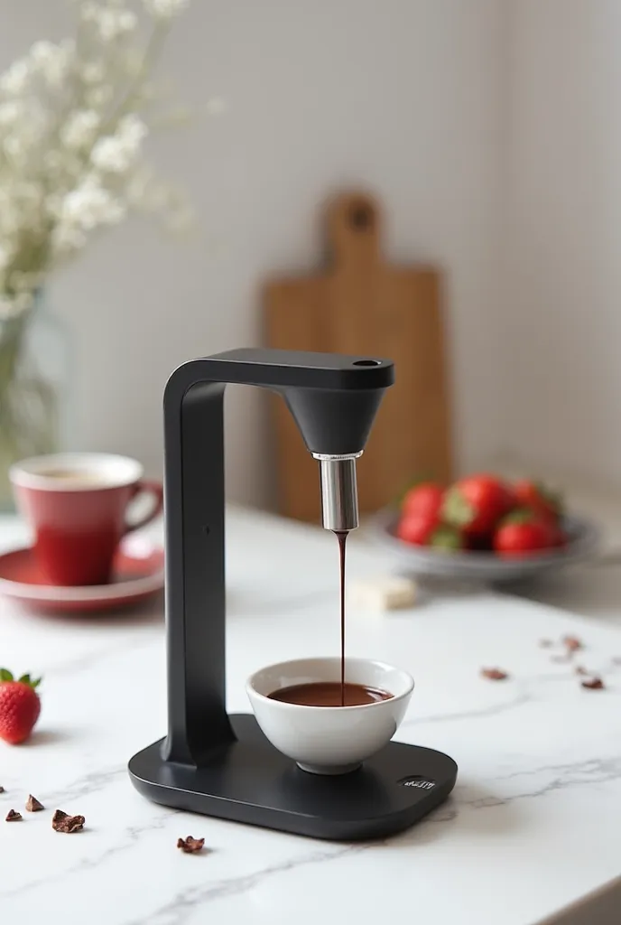 A hyper-minimal, ultra-mini tabletop chocolate dispenser designed for single-user café service. This version features a sleek black metal body with a brushed steel-accented, delicately curved metal spout, pouring a small, controlled stream of melted chocol...