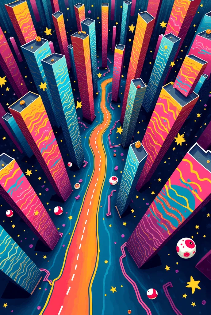 "A highly abstract and colorful cityscape viewed from a steep top-down perspective, with vibrant neon buildings covered in wavy lines, zigzag patterns, and geometric shapes. The roads are distorted and twisting, intersecting chaotically. Floating surreal e...