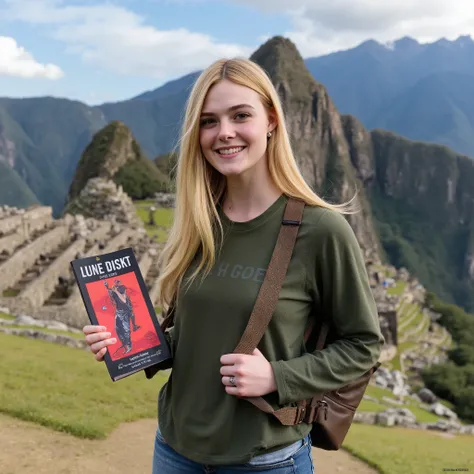 The prompt should describe Elle Fanning with her long blond hair, blue eyes and fair skin , wearing a long sleeve olive green t-shirt, jeans and a backpack , holding a Machu Picchu guide book. You must be standing in front of the ruins, smiling and lookin...