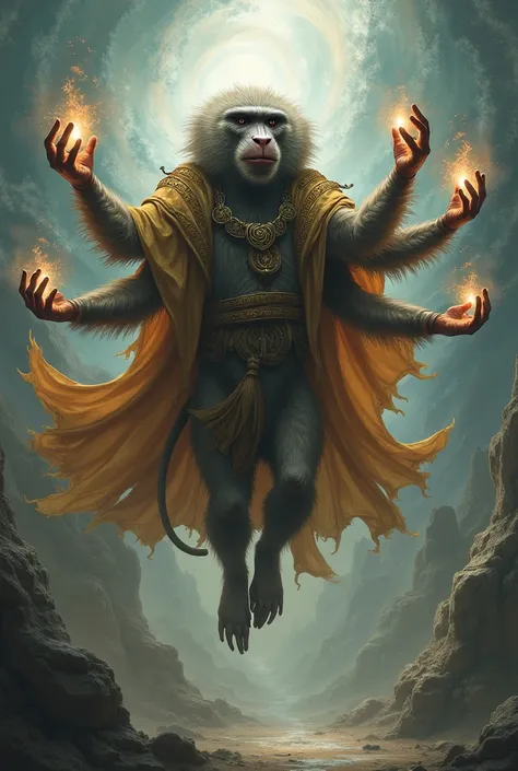 Baboon shaman with 6 arms and flying