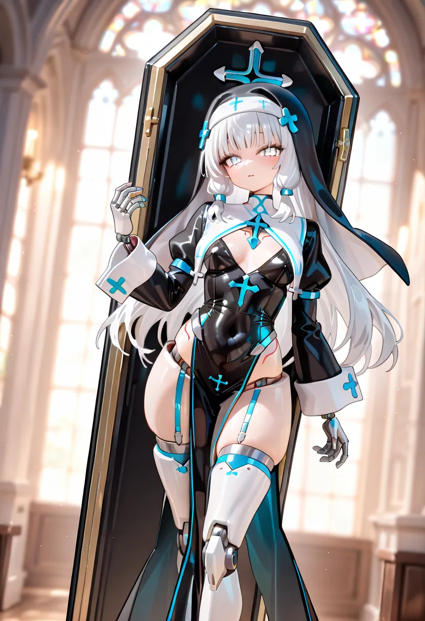   nun's habit clothes。Robot Girl。The location is a church 。 Machine Body 。Mechanical quadriceps。 Cross 。White eyes。coffin-shaped floating unit。Machine Hands and Legs。Cyber Body 。battle。Holding a coffin。guard