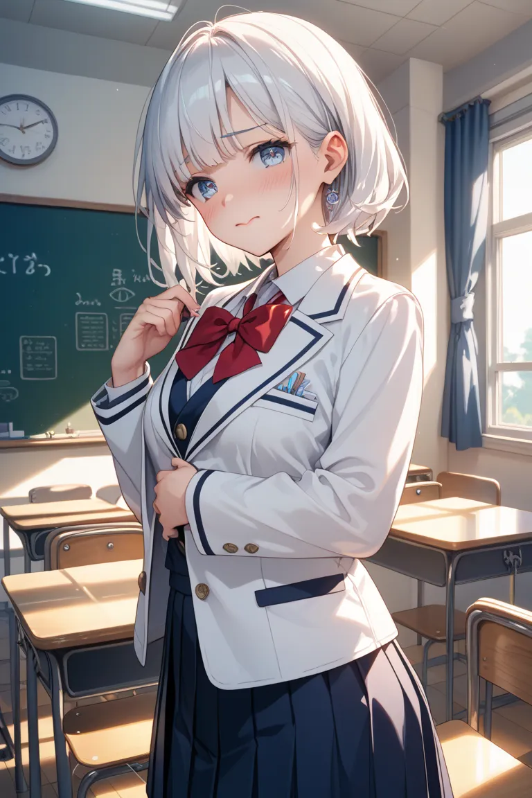 a 17-year-old woman in a white blazer in a school uniform,、Stand in front of the classroom desk、Window with light shining in,Studio Lighting, Delicate Hues ,embarrassed expression,calm atmosphere,Soft Skin、 Soft Light 、Long white hair、Japanese anime style、...