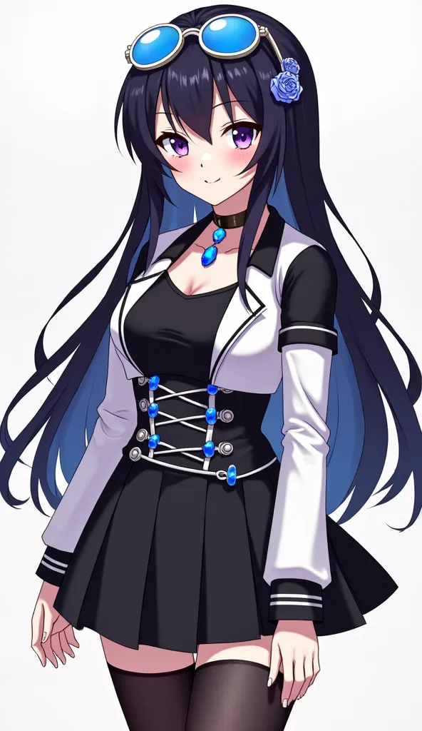 Anime girl, black maroon highlight long hair, violet iris, blue rose hairpin, blue shades on head, black undershirt, white with black sleeves jacket, blue pendant diamonds, silver belts waistband, black stylist skirt, long black high thigh stockings, black...