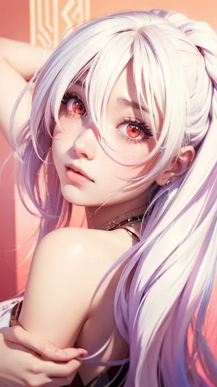 A beautiful anime-style female character with long, flowing white hair and striking red eyes, shy and blushing girl. Her expression is a mix of surprise and embarrassment, with sweat drops on her face. Mouth open with teeth showing. She wears a stylish out...