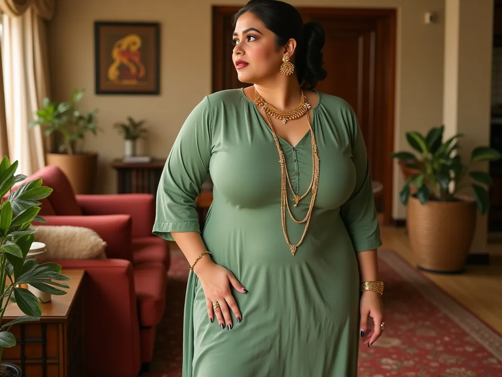 I am 40 year old plus size tall and big giant indian muslim women, looking like indian actress hansika motwani, wearing a greenish short length side slit open tight kurti ,and matching cut short length capri leggings ,golden nose rings,nose stud, anklet,ha...