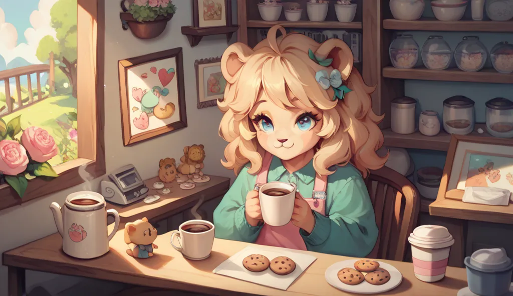 cute and cute baby lion in a coofee shop, coffee and cookies, with a dolls, with flowers around, light colors, pastel tones, 
maximum resolution, texture, painting style, high resolution and high quality photography