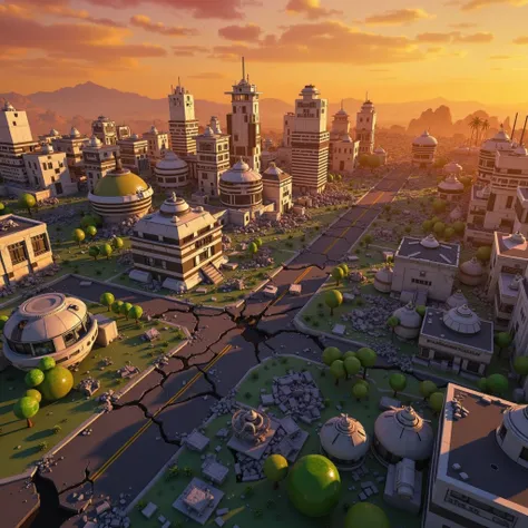 A Roblox aerial view, with a cartoonish style reminiscent of Dragon Ball Z, showcasing a ruined future city transformed into a vast field of rubble. The once-majestic structures are now fragmented and decaying, creating a sense of utter devastation. The st...