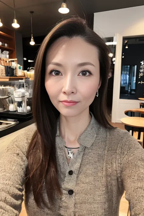 (UHD, masterpiece, anatomically correct, textured skin, super detail, highres, 8k, sharp focus, Clear Images)、 she says ((45 years old))coffee shop owner。 Frontal lighting 。professional lighting like a movie。(wrinkles on her face appropriate for age)。at an...