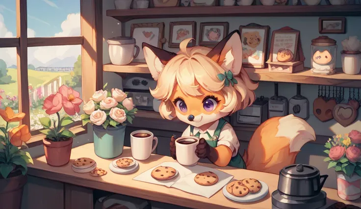 cute and cute baby fox  in a coofee shop, coffee and cookies, with a dolls, with flowers around, light colors, pastel tones, 
maximum resolution, texture, painting style, high resolution and high quality photography