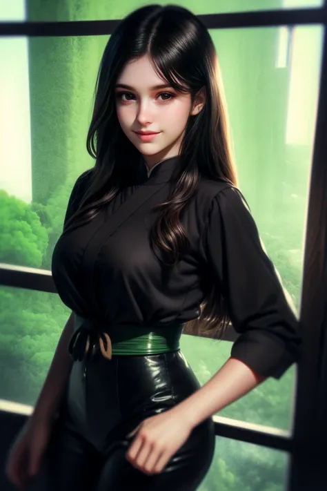  1 girl,Alone,view the viewer,From far away, Whole body, long brown hair ,Sopf, Wait tied backwards, big dark green eyes, ringing big dark green eyes, arabic orientalich, Moon Face, round face, blank background. black polover,  black pants, Smiling,  from ...