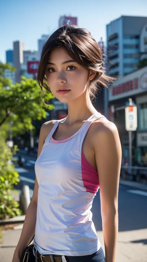 1 girl, tokyo street, night ,  cityscape, city lights , upper body,close-up, 8k, RAW photo, best quality, masterpiece,realistic, photo-realistic,