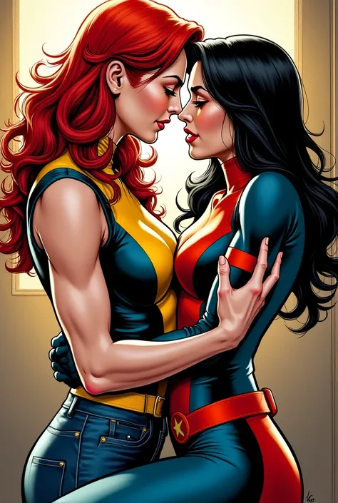 Jean grey making out with rogue, civil clothes, comic art style 