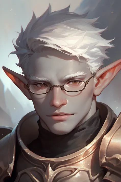 portrait, Solo, Male, elf, coal grey skin, straight white hair, brown eyes, wearing eye glasses, coal grey skin, armor, 