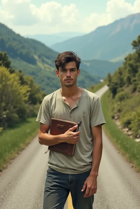 Make the cover of a book called "Estrada de Elpidia" with a young man in the middle of the road with a small old brown leather notebook, A small gorja wrench