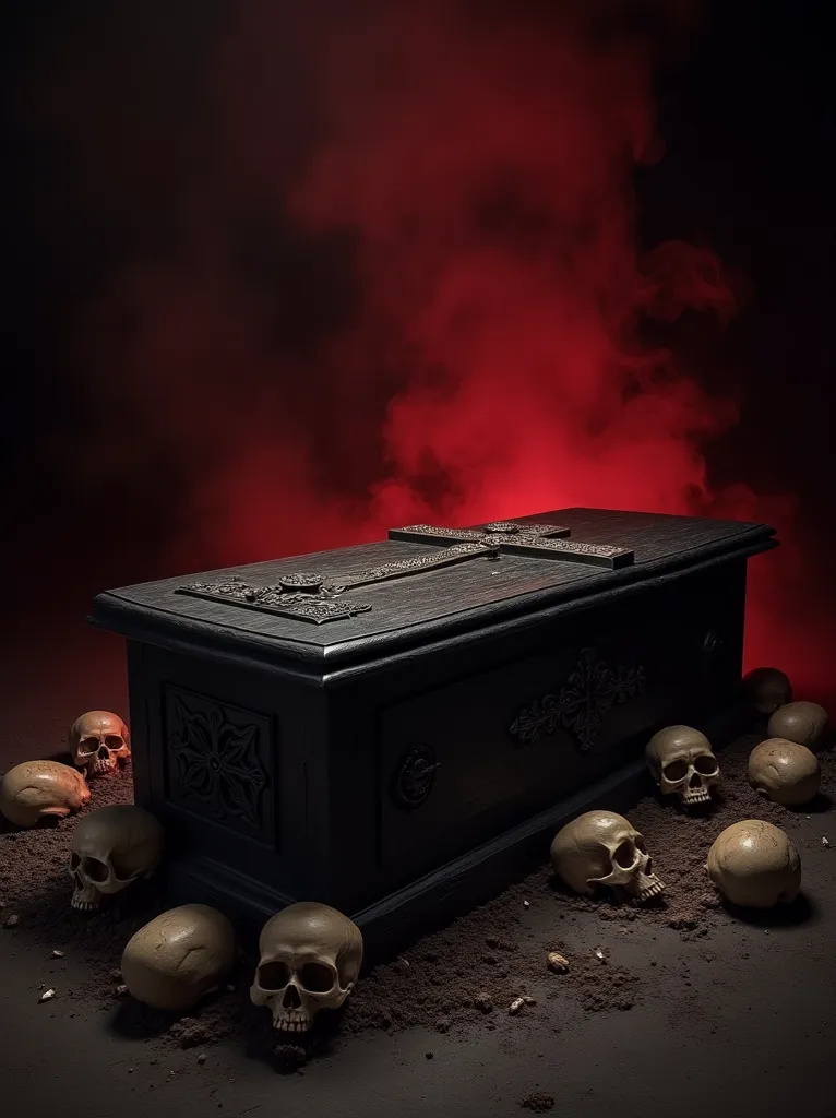 a large black casket made of old wood, with a carved wooden cross,  skulls scattered across the floor, image with a dark appearance, Crypto floor, black image background with dense and realistic red smoke, Ultra-realistic image, Dirt floor, dark place