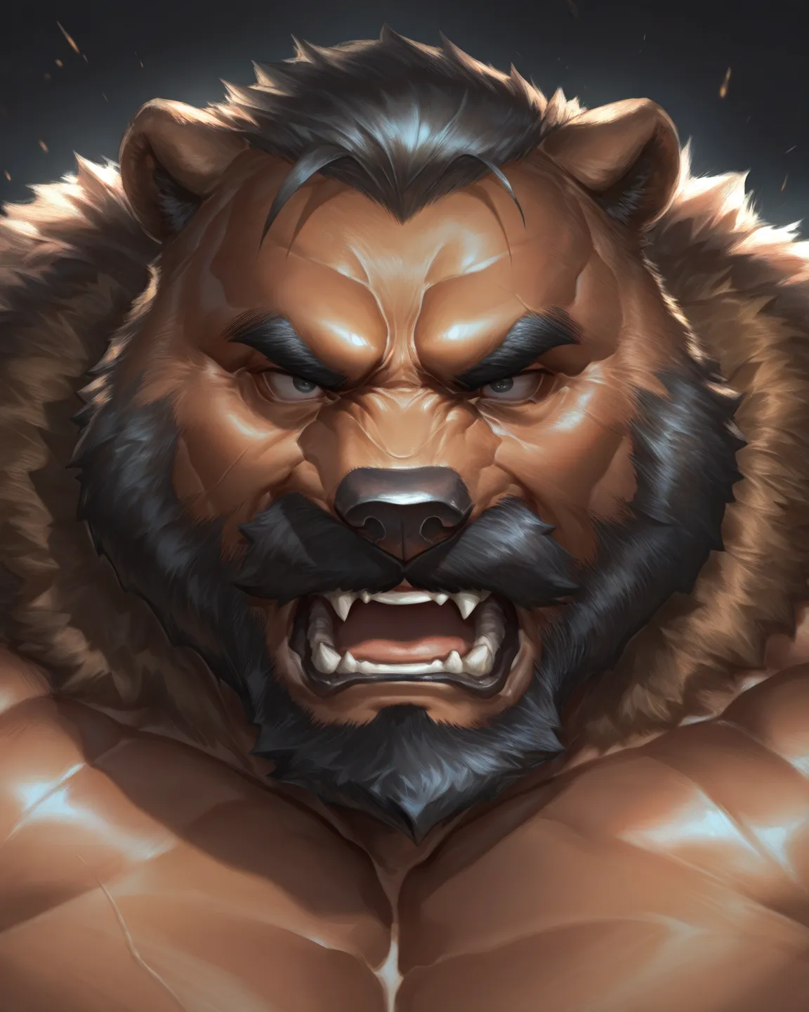 lindong, solo, 1boy, muscular, portrait, old, bearded, grizzly bear, face, face focus, beard, mustache, detailed face, angry, open mouth, detailed eyes, huge muscle, short hair:1.2, detailed eyes, focus eyes, shirtless, masterpiece, semirealistic:1.2, high...