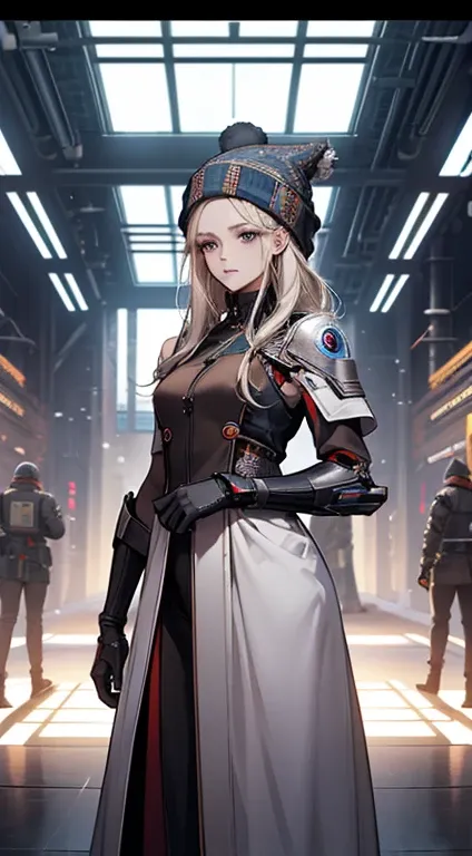  busy woman in a futuristic costume standing in a room with lots of metal objects, frame of Prometheus, by Huang Ding  ,   white Russian clothes  ,   beauty contest rendering, knitted hat ,  Mechanical elves , ,     shoulders can be seen    ,   cybernetic ...