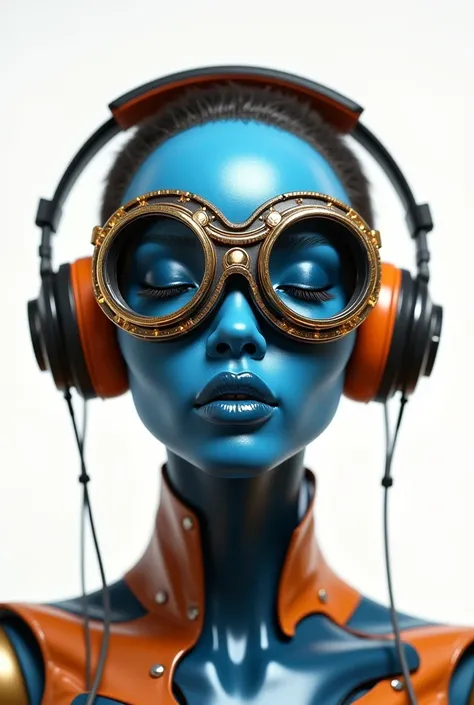 A photorealistic, cinematic photograph of a steampunk-inspired afro-futuristic robot with a feminine appearance, captured in a vibrant and stunning frontal portrait. The robot's face is symmetrical, with a prominent pair of goggles that completely cover it...