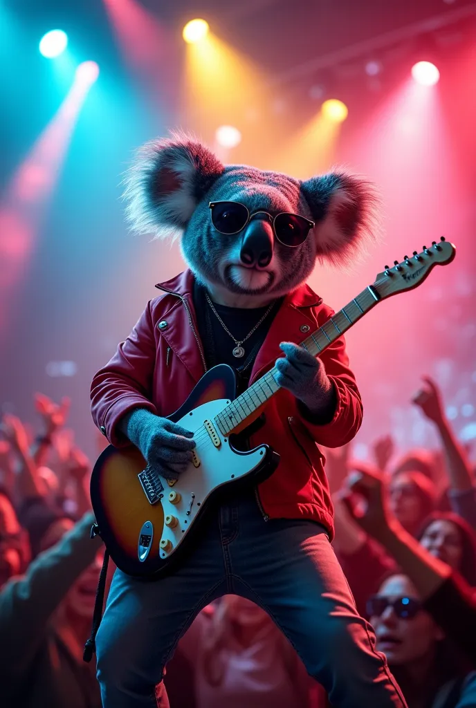 A stylish koala playing an electric guitar on a vibrant stage. He wears a red jacket with wall details round sunglasses and eyeglasses. The scene has a rock concert atmosphere, with colorful lights flashing to the rhythm of the music. The koala shakes his ...