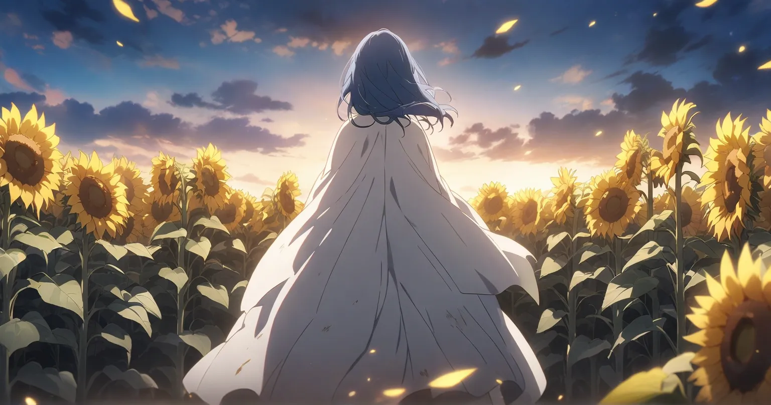 evening　blue hair long　woman　A tattered and dirty white cloak　nature　 Fantastic　Anime anime keyvisual, Alone, cowboy shot, wide shot, blue hair, from behind, sunflower field, 