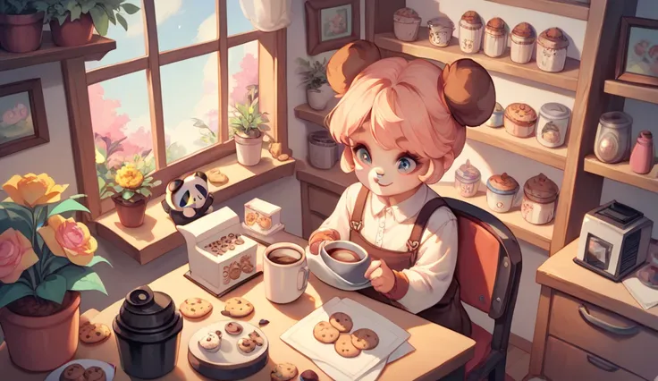 cute and cute baby panda  in a coofee shop, coffee and cookies, with a dolls, with flowers around, light colors, pastel tones, 
maximum resolution, texture, painting style, high resolution and high quality photography