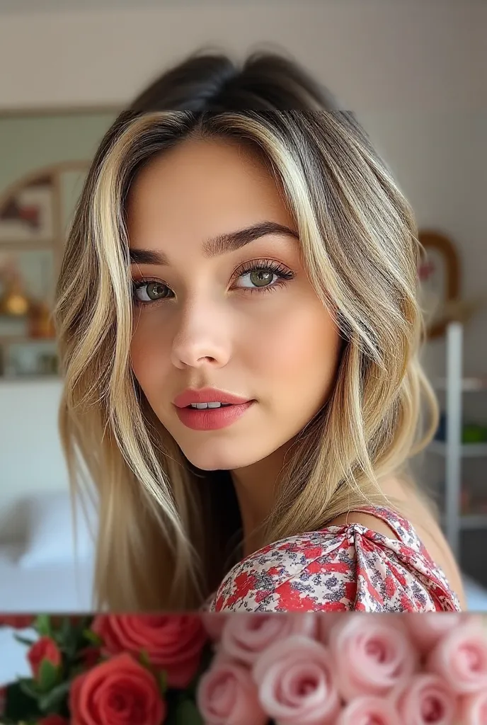 blonde. A selfie of a 20-year-old model in the bedroom. She is wearing a floral dress,  and her hair is collected . She is holding a bouquet of 1000 roses. The background is tastefully decorated. The overall image has soft lighting.