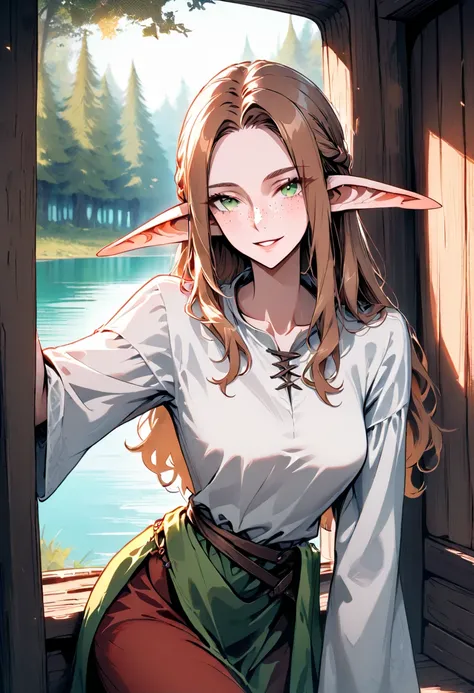 solo, female, elf, huge pointed ears, medium breasts, long brown hair, dark green eyes, freckles, medieval, come hither, close up, sexy pose, lake, forest, sackcloth shirt, inside cabin, wide smile, very tall, slender, parted lips