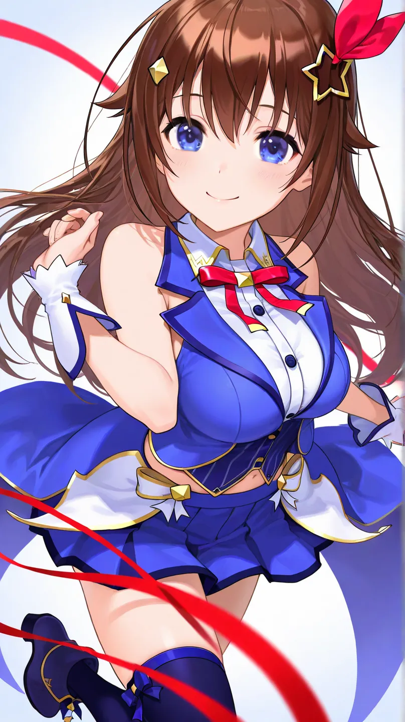 Tokino Sora, 1 woman, brown hair, solo, blue eyes, star hair accessory, red ribbon, smile, large breasts, smile