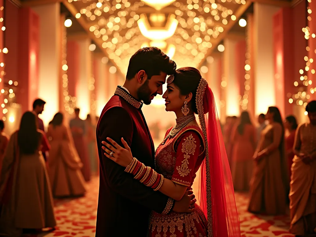 Indian wedding couples, realistic, DSLR capture, realistic, candid moments, night lights shot
