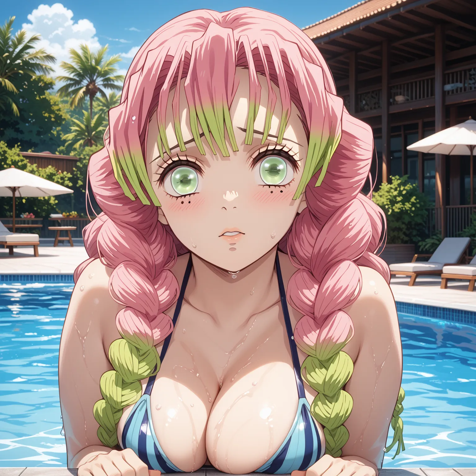 m1tsur1kanr0j1, pink hair, braid, long hair, green eyes, mole under eye, swimsuit, sexy pose, blush, shy, Pose seductively, Posing provocatively, Wet body, pool, day, looking at viewer, Body tingling, Beautiful view, good atmosphere, Thigh