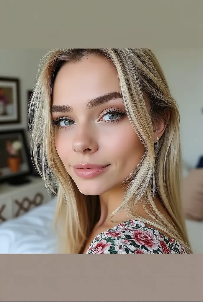 Blonde A selfie of a 20-year-old female model in a bedroom. She is wearing a floral dress and has her hair tied up. She is holding a bouquet of 1000 roses. The background is tastefully decorated. The overall image has a soft lighting.