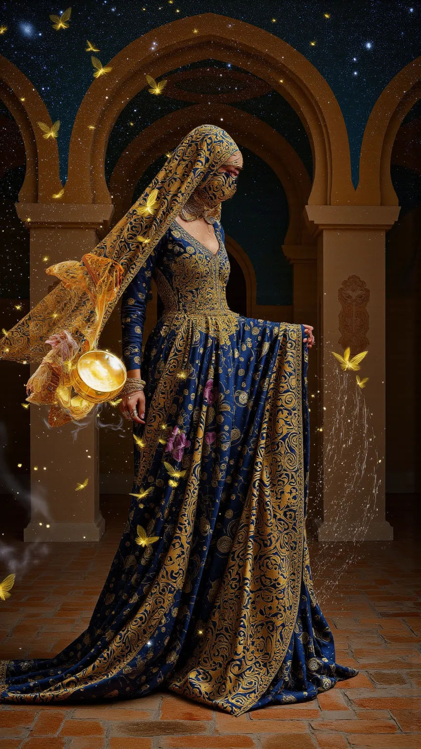 
**"Golden Enchantress of Sana'a"** —Surreal 8K masterpiece, Yemeni queen in a **gossamer 24k gold niqab**, face veiled yet luminous. **Eyes blaze with fractal amber irises** (Starry Night starburst pupils). **Obsidian hair cascades** under a **gilded sham...