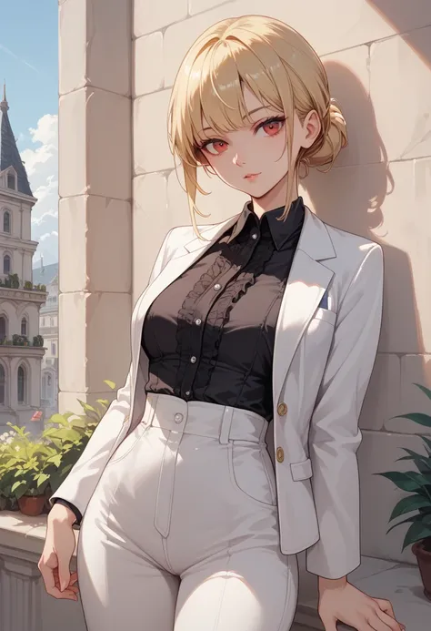 Female + blonde hair + red eyes + white blazer (draped over shoulders) + black dress shirt + white dress pants + solo + gate background