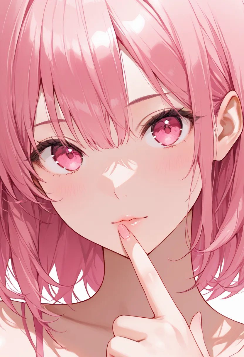 score_9, score_8_up, score_7_up,source_anime, high res image,masterpiece,best quality,girl,cute face,clear skin,pink medium hair,blushes,finger on lips,detailed eyes,