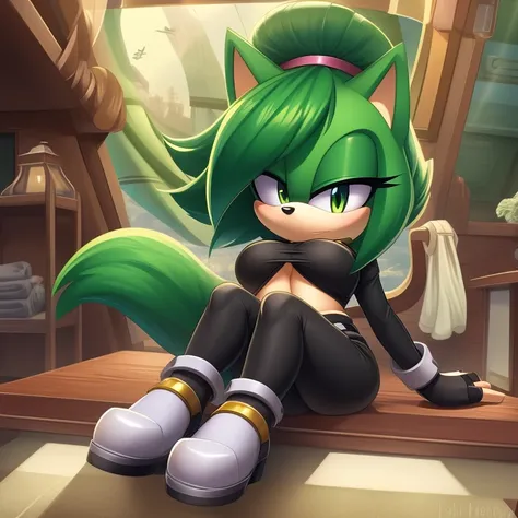 Mobian, female, feminine eyelashes, large breasts, green fur, hair bangs, perfect feminine figure, intricate details, (detailed background), anime style, row of airplane seats, sharp focus, serious, furry female, (solo), green hair over one eye,
Green crop...