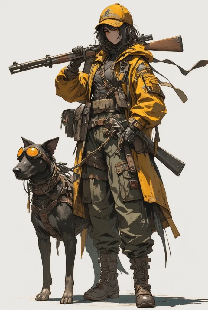 Picture of a woman with a gun and a dog, The dog is wearing goggles、Late Afterlife Marauders , Post-apocalyptic explorer,   senior concept artist  , Post-apocalyptic,  Interesting Character Designs , RPG Character Art ,  highly detailed character design , ...