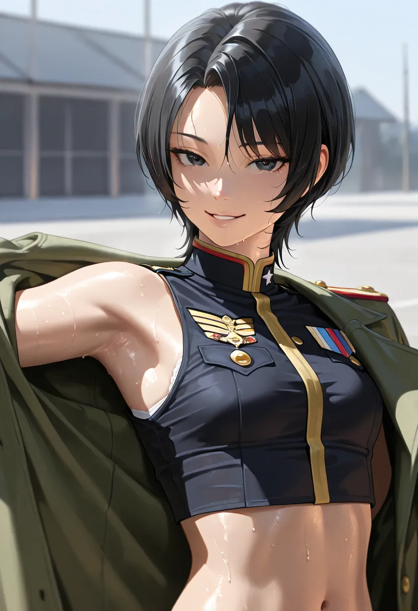  ultra detail,  detailed face ,   detail eyes, Beautiful eyes, Masterpiece,  top quality,  Photorealistic,  That&#39;s ridiculous., 8k,  RAW photos, soldiers girl, short hair, wolf cut hairstyle, black hair, anime coloring, armpits, upper body, open clothe...