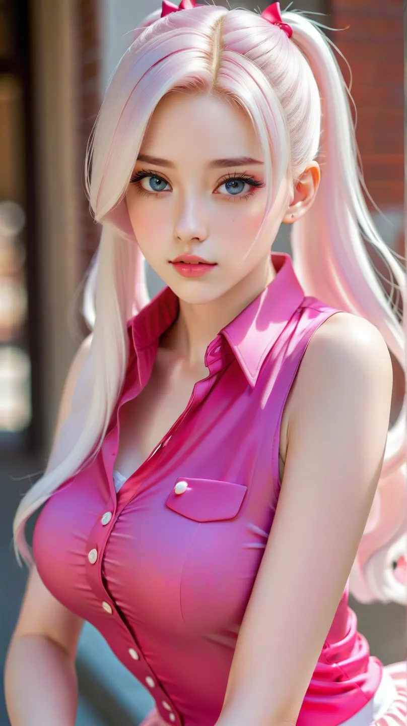 Close-up of a woman wearing a pink vest and skirt, pale milky porcelain skin, fair skin, skin smooth and translucent, anime manga girl, beautiful anime woman, surreal sweetness, white color hair , high ponytail colorful eyes, pale porcelain white skin, smo...