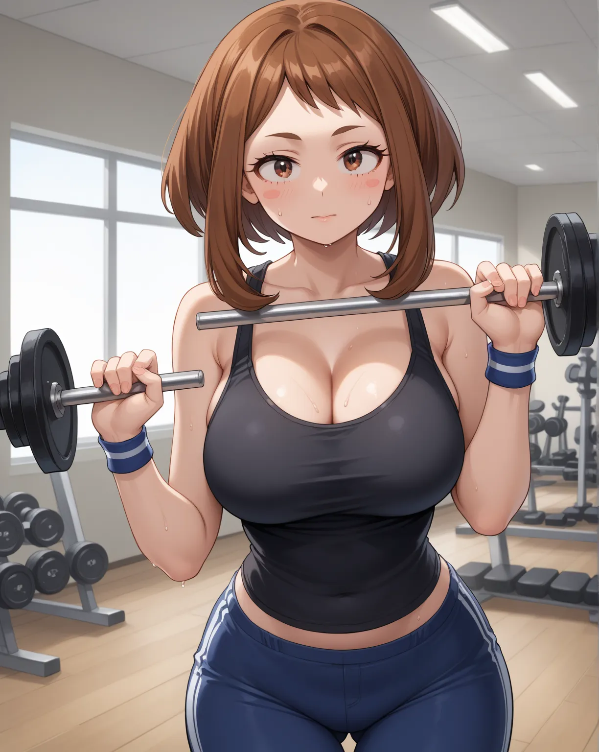 1 girl, solo, female only,

Ochako Uraraka \(my hero academia\), sensual woman, 
brown hair, brown eyes, medium hair, 
perky breasts, round breasts, wide hips,

ochako uraraka outfit, my hero academia outfit,
bare shoulders, black shirt, tank top, black ta...