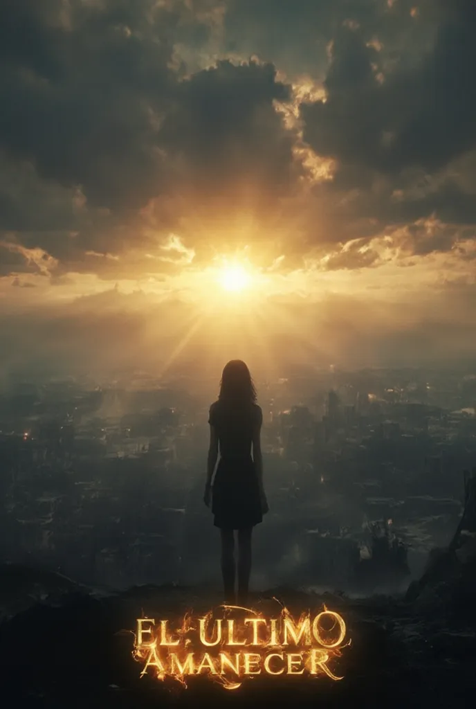 "An epic and melancholic scene of a post-apocalyptic sunrise. A girl dressed in black stands with her back to the viewer, gazing at the horizon where a golden sun rises through dark, stormy clouds. The sky is filled with shades of gold, gray, and black, cr...