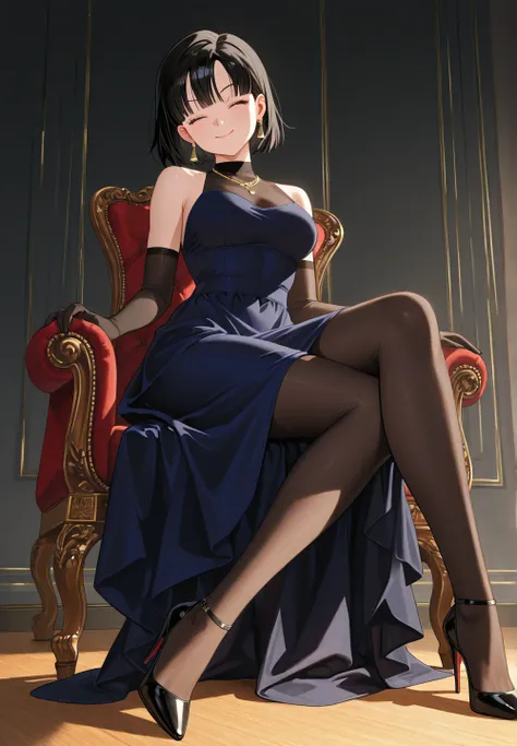 Create a hyperrealistic illustration of Videl of Dragon Ball Z sitting cross-legged, in a relaxed but provocative pose . Dress her in a short, tight dress that emphasizes the length and tone of her legs. Use a camera angle from below to highlight her long ...