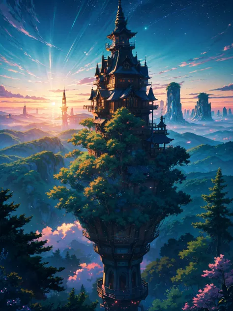 Generate a 4K  (400x900 )  image in the enchanting style of the anime Studio Ghibli , portraying a quintessential world of heaven that no one has ever seen or imagined,  Emphasize the aesthetics of Studio Ghibli with soft colors :: illustration --ar 4 :9