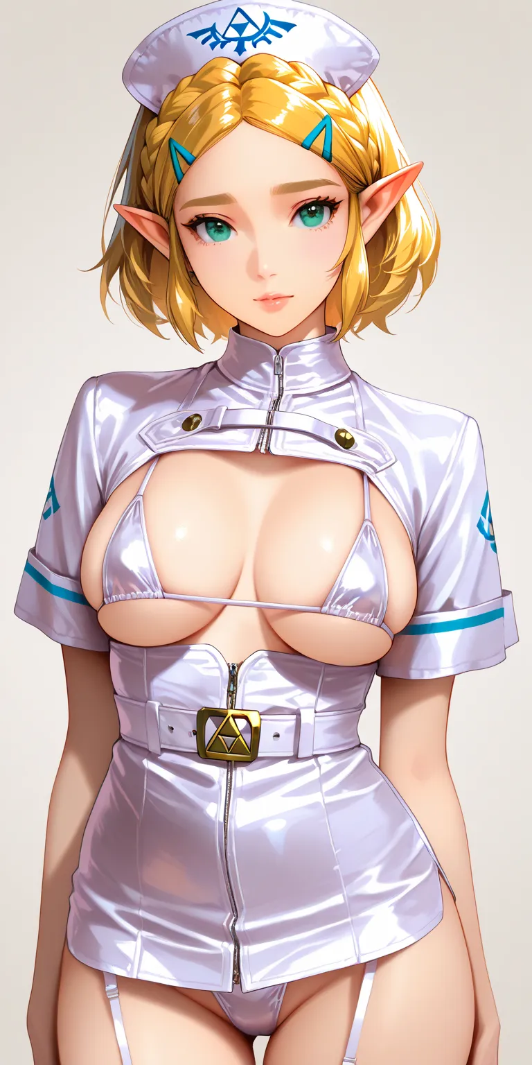 (((princess zelda), masterpiece, best quality, vibrant, very aesthetic, high contrast, semi realistic, darknurse white leather outfit microbikini dark nurse, triforce, soft light, high detailed, best quality