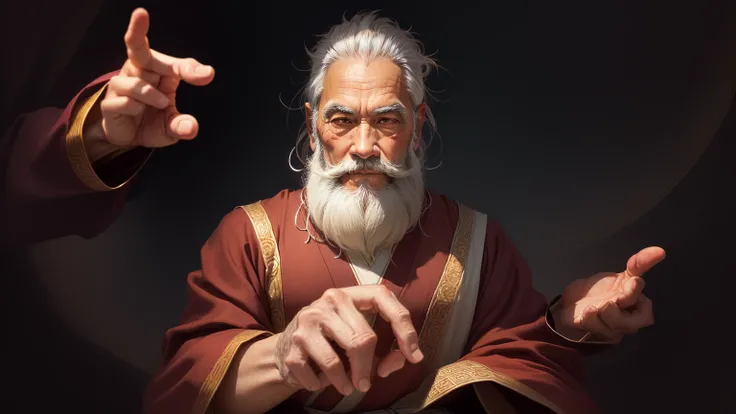 image of a man with a beard and white beard, raising his right hand pointing back, portrait of monk, full body picture of a male monk, concept art of a monk, fisting monk, ancient japanese monk, monk, old and wise Indian guru, 2 1 st century monk, buddhist...