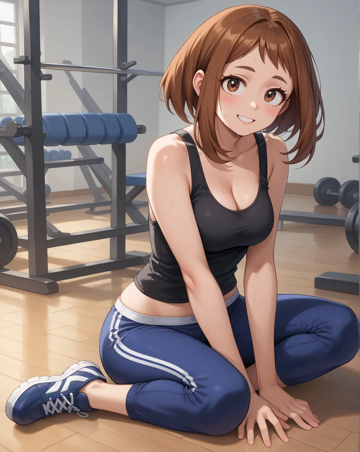 1 girl, solo, female only,

Ochako Uraraka \(my hero academia\), sensual woman, 
brown hair, brown eyes, medium hair, 
perky breasts, round breasts, wide hips,

ochako uraraka outfit, my hero academia outfit,
bare shoulders, black shirt, tank top, black ta...