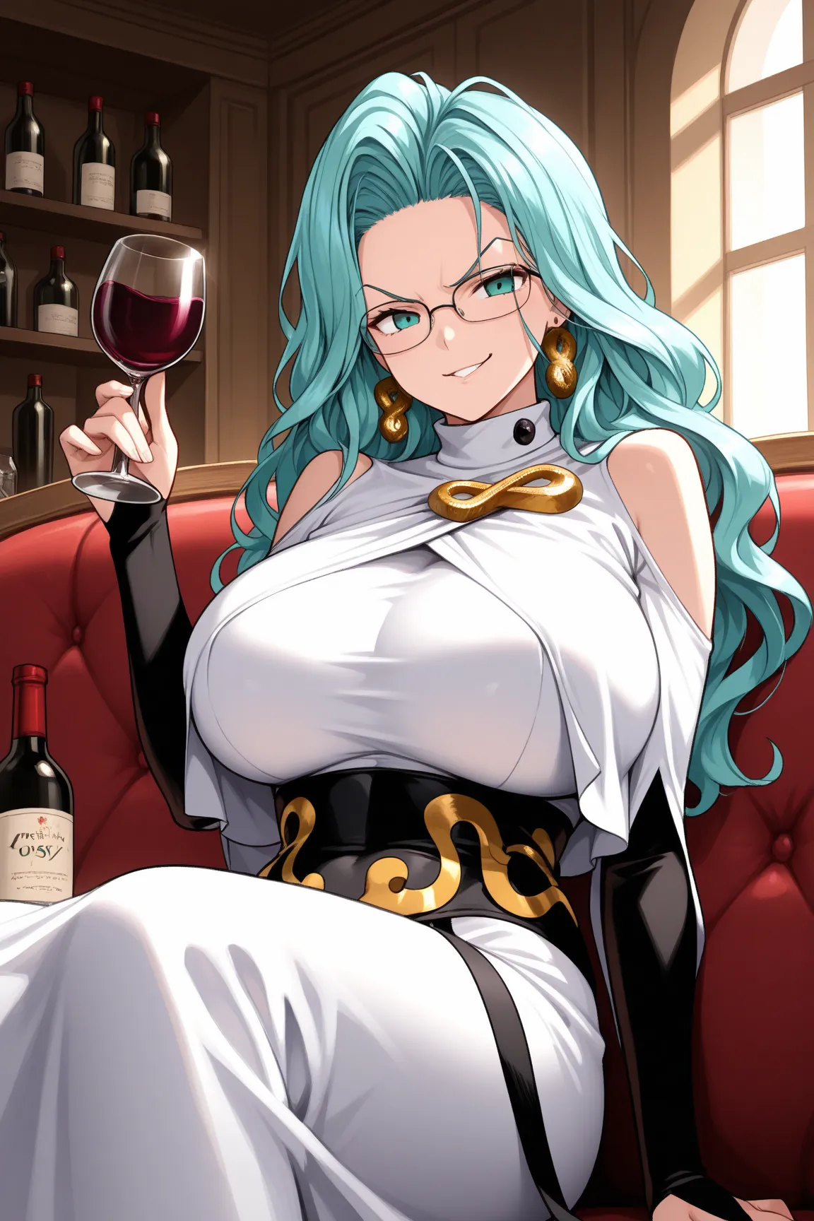 masterpiece, best quality, 1girl, solo, opmpsy, wavy hair, aqua hair, long hair, aqua eyes, huge breasts, earrings, glasses, turtleneck, white dress, shoulder cutout, bare shoulders, black underbust, gold brooch, black elbow gloves, bridal gauntlets, long ...