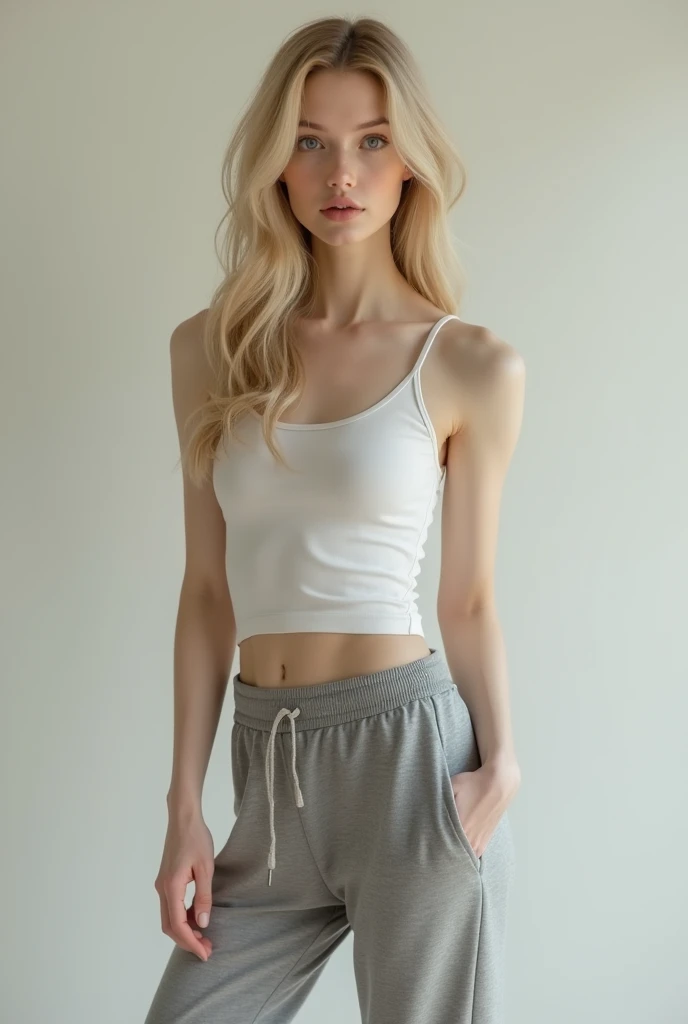 Petite / skinny blonde white girl with a long face and with grey sweatpants and a white tank top 