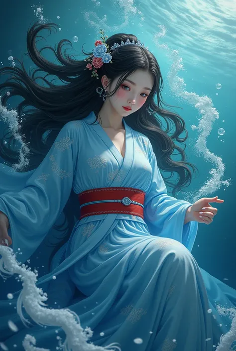 Japanese princess in blue kimano with white embroidery. Red garters. black long hair. blue eyes. In the depths of the sea. lies in the water. Foam and bubbles