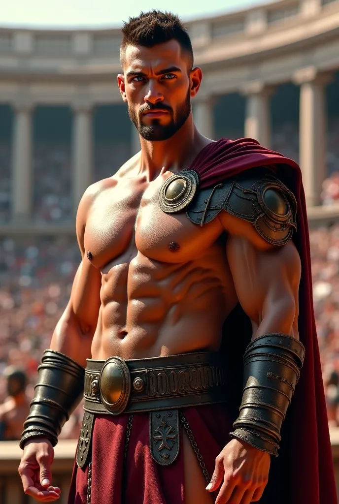 Gladiator, homoerotic, male, muscular body, broad chest, skin faid haircut, visible bulge, blue eyes, posing, super realistic, high detailes, 8k, intricate details, cocky smirk