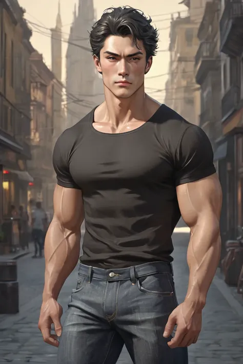 A man of average height (1.75 m) with black hair featuring a distinctive white streak, slightly thick neck, and a muscular build. His face is thin with small lips and light brown eyes that convey a calm yet intense gaze. He wears casual black clothes, such...